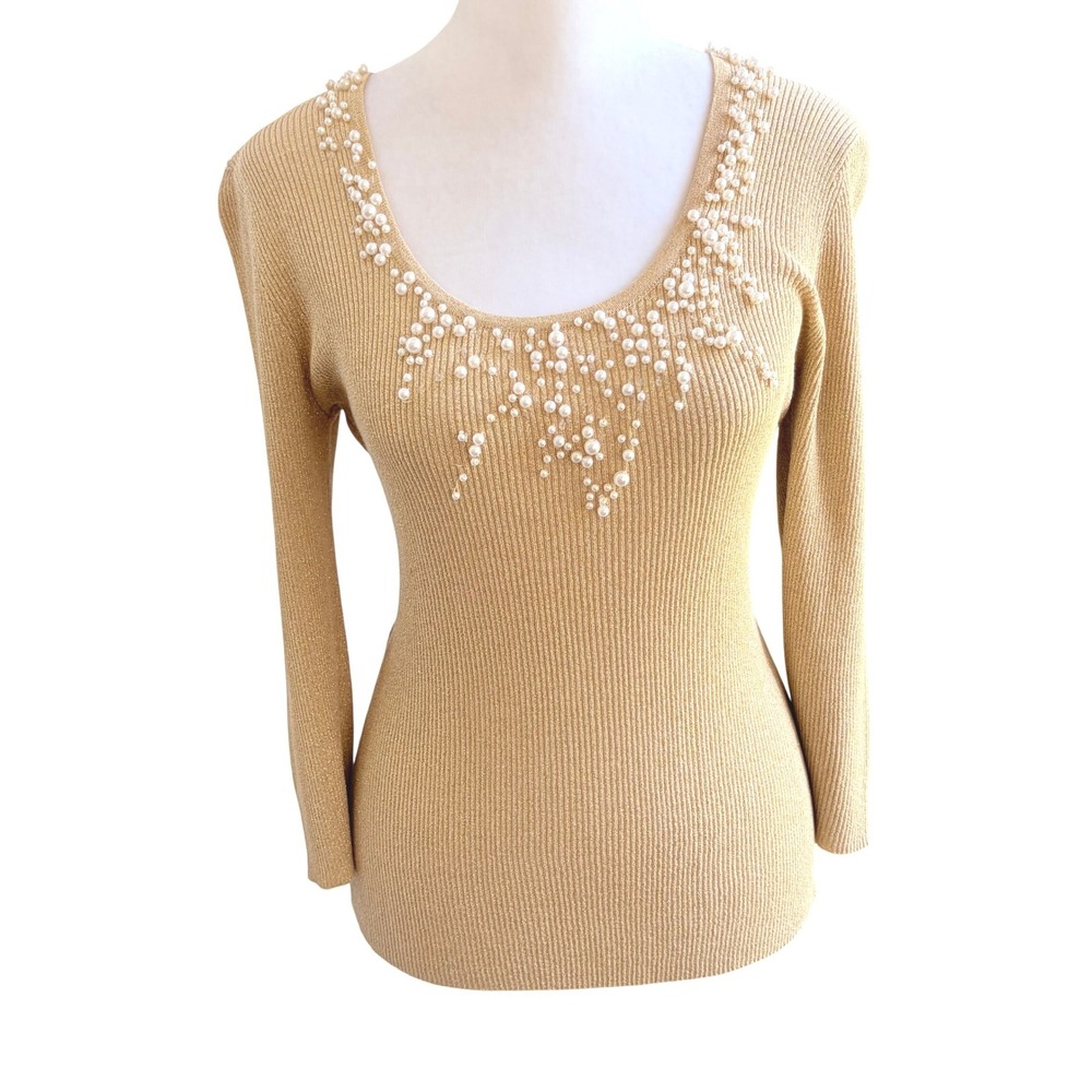 August Silk Sweater Medium Gold Pearl Ribbed Silk Blend‎ Shimmer Metallic Top